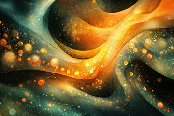 Abstract cosmic swirls of gold and teal, glowing orbs scattered across a dark background.