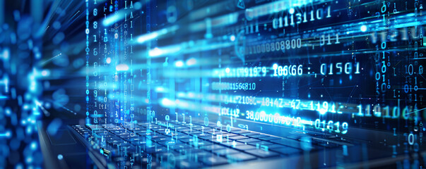 Digital cyberspace: laptop keyboard with binary code data stream flowing