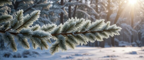 Decorative Christmas tree branch in frosty morning, snowy scenery, Frosty morning, wooden ornaments