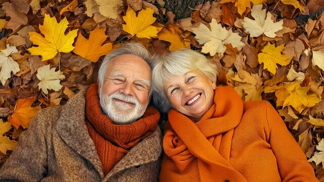 Elderly Caucasian man couple enjoying autumn outdoors Senior and woman laughing fallen leaves Joyful moment captured vibrant leafy setting Happiness love clearly evident Cozy experience shared