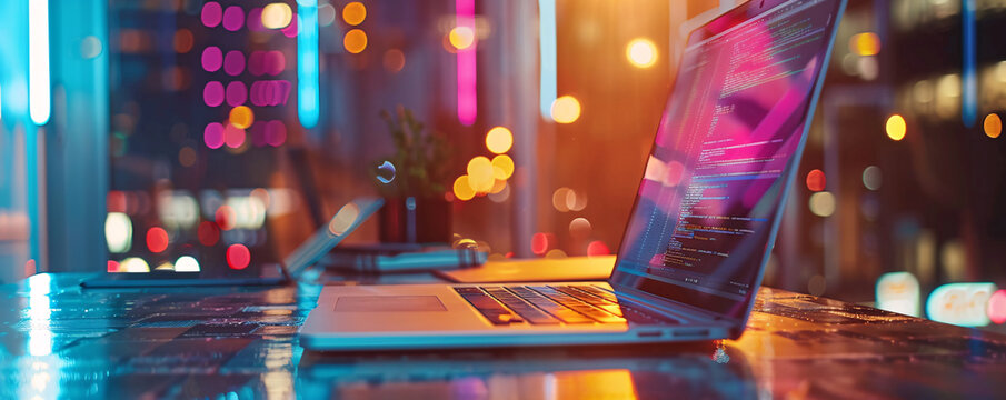 Night time city lights reflecting on laptop screen displaying code on table
