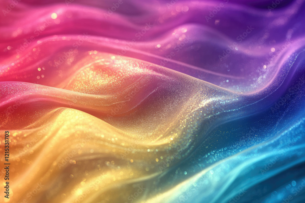 Poster sparkling rainbow fabric with glittering texture, showcasing vibrant colors and flowing waves.