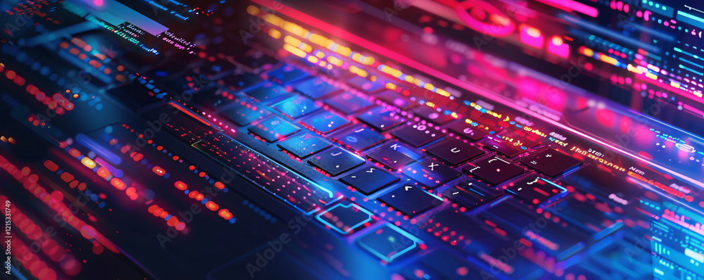 Fototapete Glowing keyboard keys and futuristic code running in cyberspace - a high-tech background