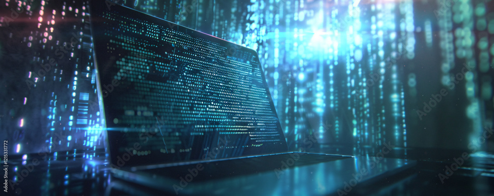 Poster Laptop showing world map formed by binary code data stream, suggesting global connectivity and information technology
