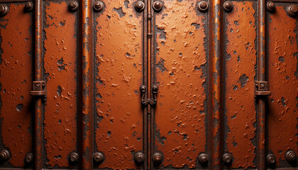 Fototapeta premium Rusty metal panels with rivets, pipes, and peeling orange paint 