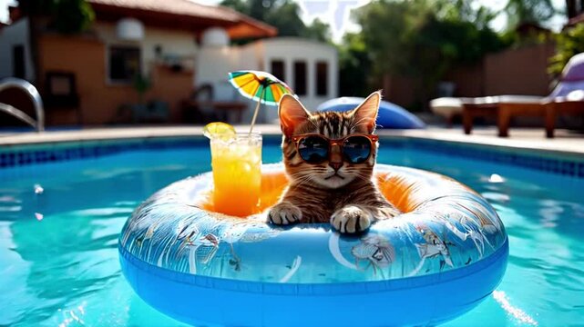 Cute cat relaxing in a pool float with sunglasses and a refreshing drink, capturing a fun summer vacation vibe.
