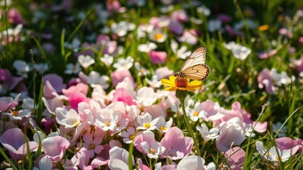 Delicate flower petals scattered on a sun-drenched meadow, with a butterfly perched on a wildflower stem, garden, flora