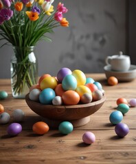 Colorful eggs on a wooden table with a centerpiece , wooden table, decorated egg,