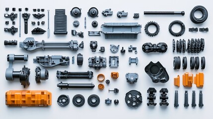 Gray and orange vehicle parts flatlay; studio background; engineering, design, or manufacturing