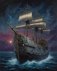 A visually striking temporal trawler emerges in the acrylic painting, blending futuristic elements with a vintage charm. The main subject is a sleek, silver vessel adorned with intricate clockwork mec
