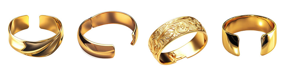 Golden Cuff Bracelet – A sleek and stylish cuff bracelet made of polished gold exuding elegance. Isolated on Clear White Background Highly Detailed 