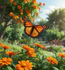 Obraz premium colorful monarch butterfly lands on a bright orange bloom in a lush garden scene with blurred greenery, insect, nature photography, blurred greenery