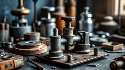 Vintage Workbench with Antique Tools and Gears
