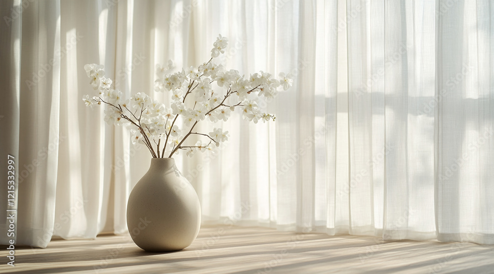 Poster white flowers in a vase by a bright window with soft curtains, peaceful light and shadow play