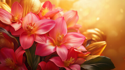 Fototapeta premium Captivating Photorealistic Shot of a Winter Flower Bouquet, Featuring Vivid Pink Blooms Set Against a Rich Gold Background, Creating a Luxurious and Dynamic Visual Appeal