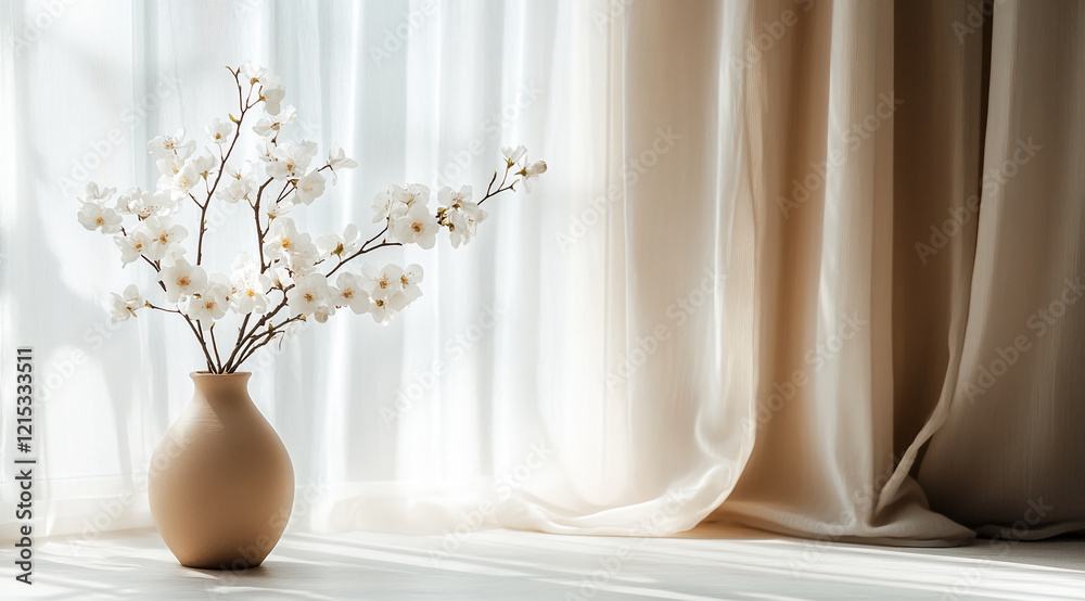 Poster white flowers in a vase with soft light from a window, gentle shadow play on a peaceful surface