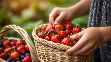 Hands gather fresh strawberries in woven baskets during a sunny day at a farm