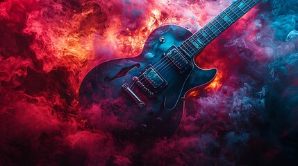 Obraz premium Electric guitar art background with vivid colorful explosive smoke for dynamic visuals