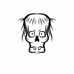 Spooky skull vector with messy hair in black and white line art style