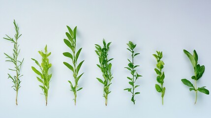 Seven herbs arranged on light blue background, flat lay, growth comparison, cooking recipe illustration