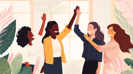 Naklejka premium Diverse businesswomen are celebrating success, giving high five, and feeling happy about achieving their goals