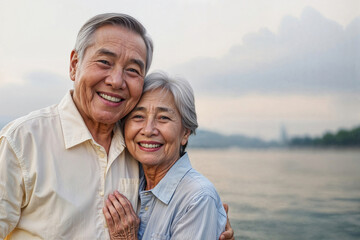 Closeup happy senior Asian couple standing by a lake smile and looking at camera