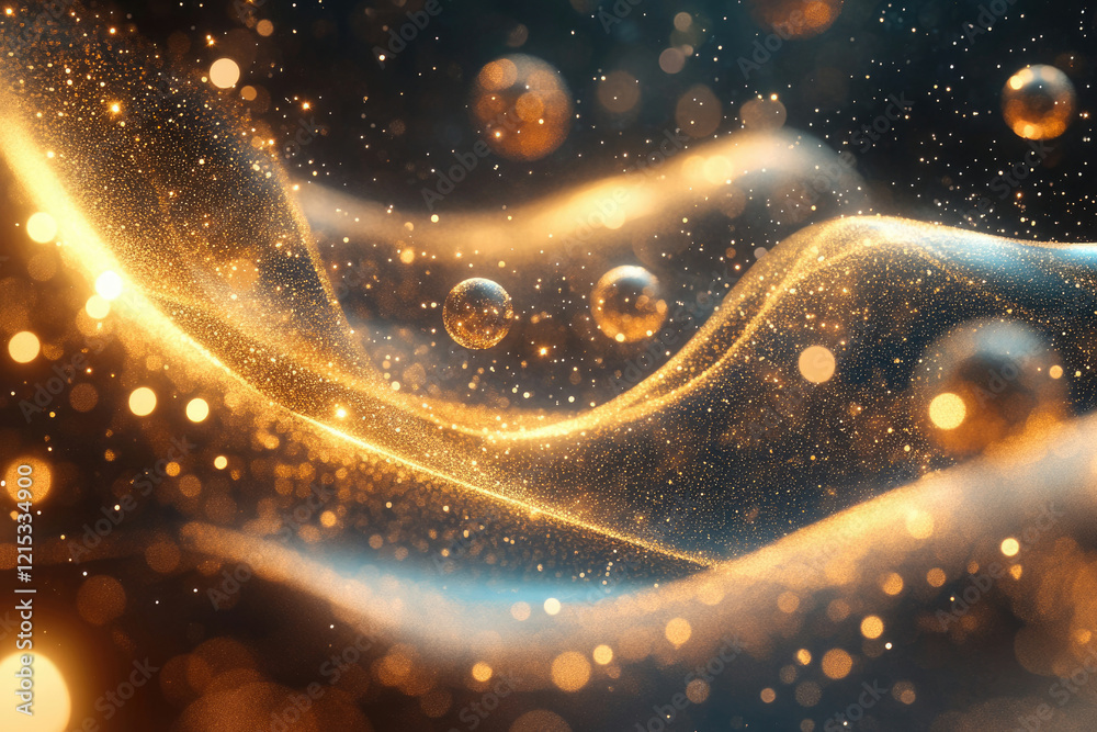 Aufkleber Golden particles swirl in a dark space, creating a luxurious and elegant abstract design with bokeh effects.