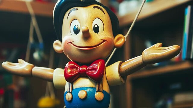 Wooden puppet with a smiling face and open arms in a cozy workshop setting during daylight hours
