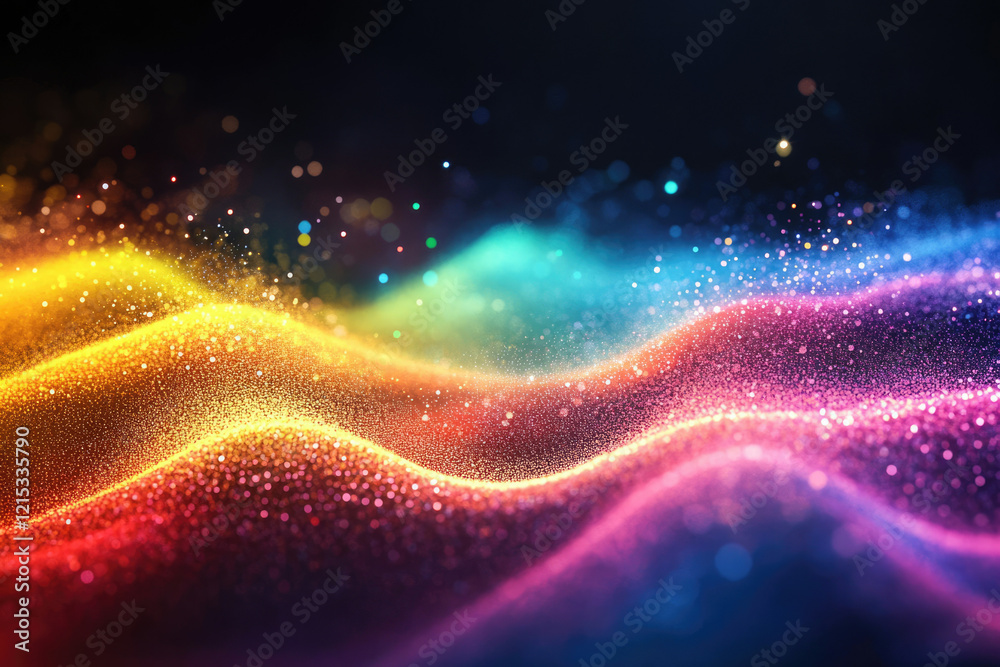 Aufkleber Vibrant, colorful particle waves flow across a dark background, creating a dynamic and mesmerizing visual.