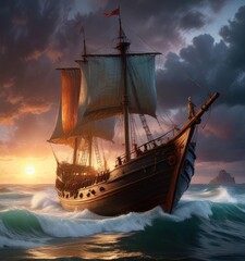 Obraz premium El barco se encuentra en plena tempestad, con vientos fuertes que azoten sus velas y olas ensordecedoras que lo empujan, waves, sailing boat, sailboat