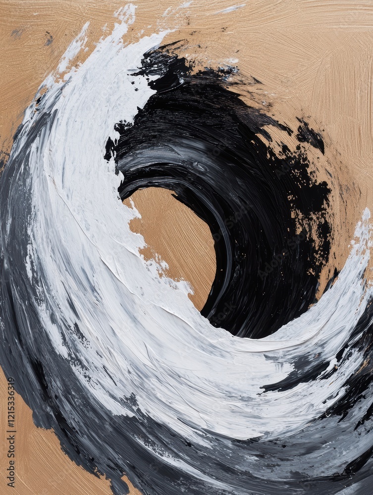 Wall mural Dynamic abstract representation of a wave captured in swirling black and white paint on textured canvas