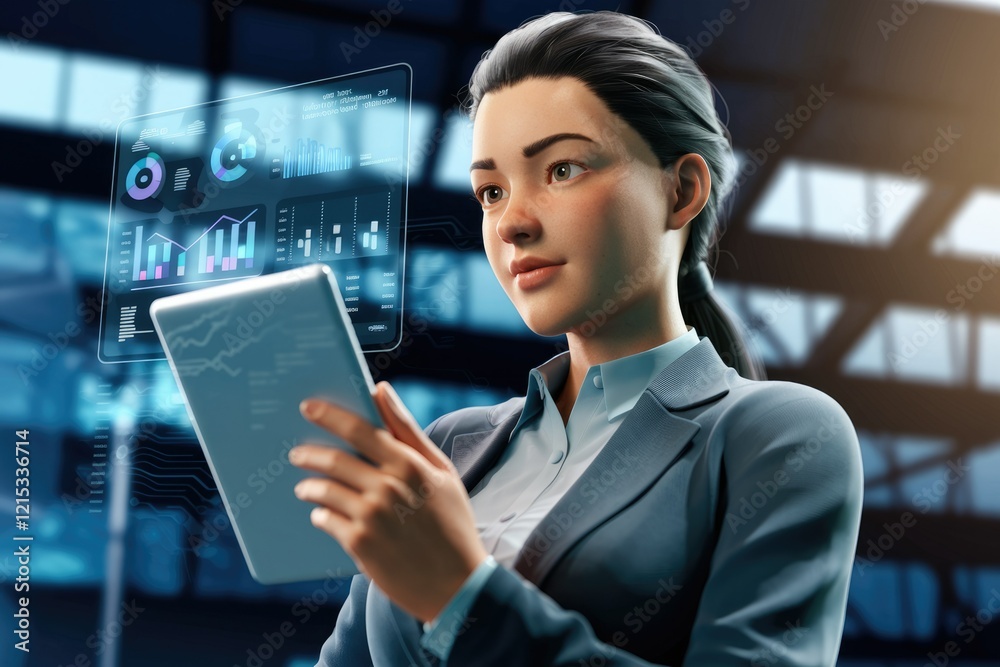 Poster businesswoman analyzing data on a tablet, showcasing financial charts and graphs on a futuristic int