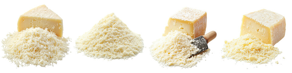 Grated Pecorino Romano – A tangy salty grated Pecorino Romano cheese perfect for sprinkling over pasta or salads. Isolated on Clear White Background Highly Detailed 