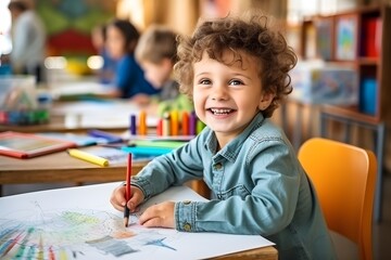 Happy Little Boy Coloring In Art Class - Back To School