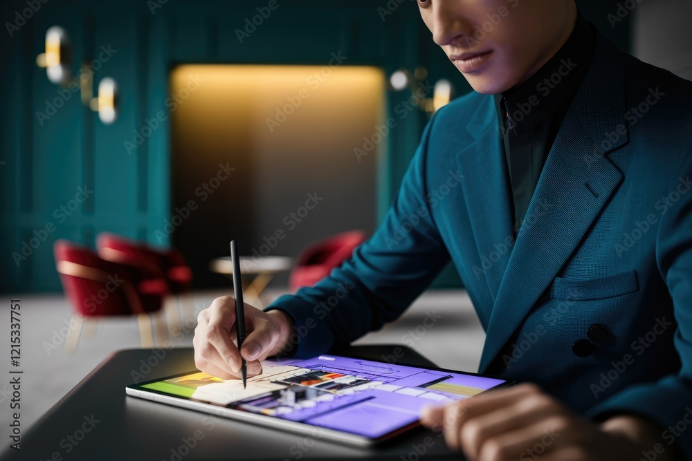 Poster a man in a teal suit uses a stylus on a tablet, sketching a design. the setting is upscale and moder