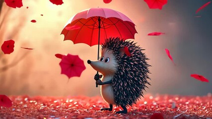 Hedgehog holding a red umbrella among red petals in a whimsical forest setting during twilight