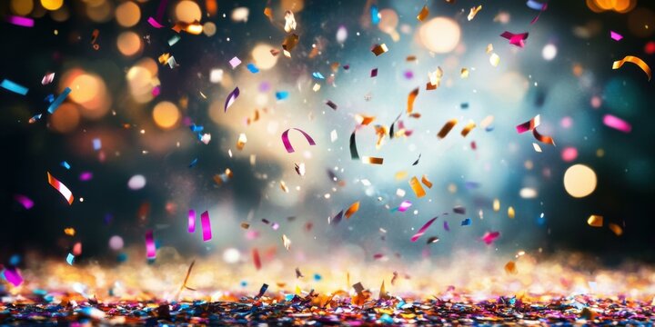 A burst of confetti exploding from a party popper with a dark, bokeh-lit background, creating a sense of fun and surprise, perfect for New Yearâ€™s Eve or celebration-themed campaigns