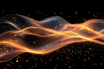 Golden particles flowing in waves across a dark background, creating a mesmerizing abstract effect.