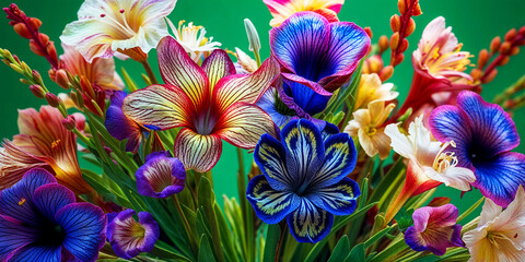 Vibrant bouquet of colorful flowers in full bloom, showcasing a variety of textures and hues.