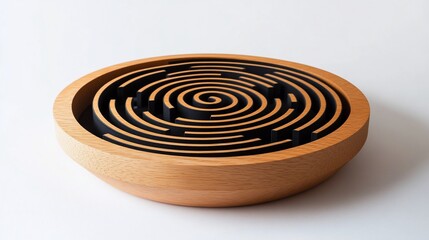Wooden spiral maze bowl on white background