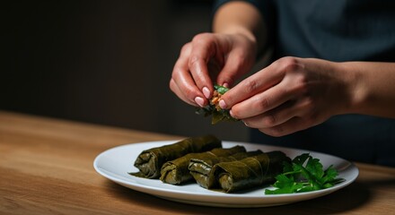 Hands preparing traditional stuffed grape leaves on a white plate