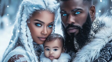 portrait photography Up-close of Three breathtaking African Americas. A stunning Woman, A handsome and an Adorble baby. A family portrait. Man warrior standing confidently