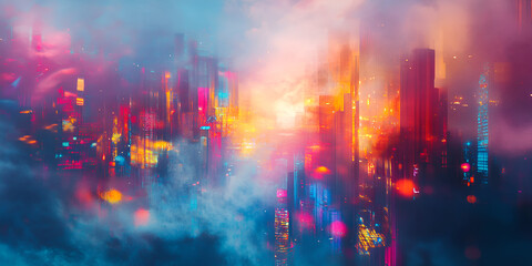 Fototapeta premium Futuristic City Enveloped in Soft Mist and Vibrant Neon Lights
