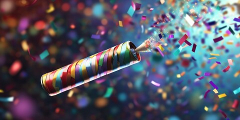 A detailed image of a party popper opening, releasing a burst of colorful confetti into the air, with the background featuring a blurred group of people celebrating, evoking joy and excitement