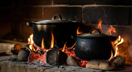 Traditional cooking pots over an open fire, showcasing rustic culinary methods