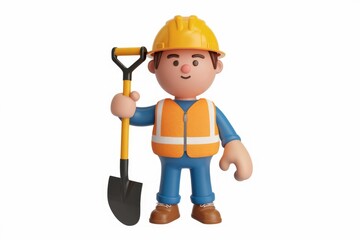 A 3D cartoon construction worker holding a shovel, wearing a hard hat and safety vest.