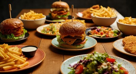 Delicious assortment of burgers, fries, and fresh salads on a wooden table