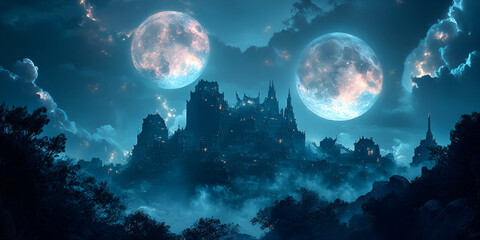Fototapeta premium Futuristic City Glowing Under the Light of Twin Moons