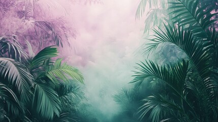 Obraz premium Palm fronds frame a hazy, colorful background space.