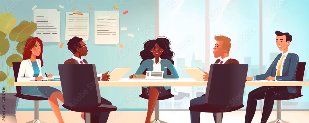 Poster diverse businesspeople having conversation about startup project during brainstorming meeting in off